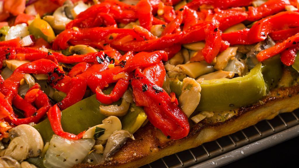 Vegan Square (Square) · Vegan option. Roasted peppers, onions, mushrooms, extra virgin olive oil on a golden garlic crust.