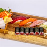Sushi-Sashimi Combo · One pieces sushi, 12 pieces sashimi, one tuna roll.