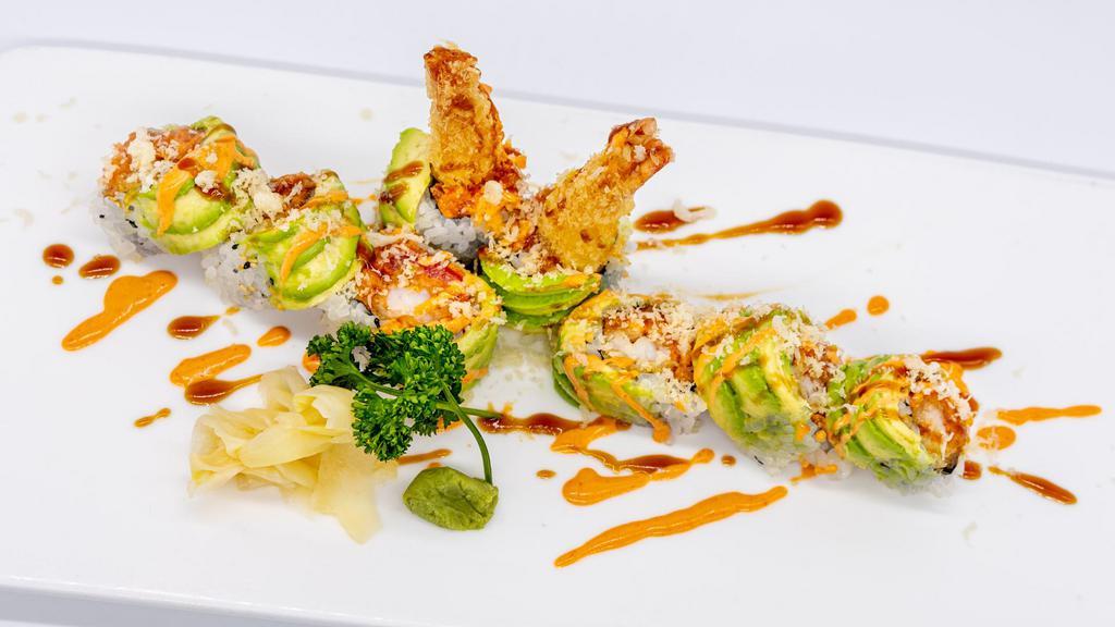 Phoenix Roll · Shrimp tempura, spicy tuna inside, avocado on top with spicy mayo.