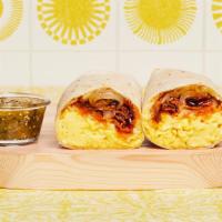 Bacon Bbq Breakfast Burrito · Two scrambled eggs, breakfast potatoes, crispy bacon, BBQ sauce, grilled onions, and melted ...