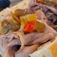 Chicago Italian Hot Roast Beef Sandwich · Thinly Sliced Roast Beef, Robust Au Jus, Provolone and an Italian Giardiniera Medley