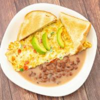 Mexican Omelette · Tomato, onion, beans, avocado, jalapeno, white bread.