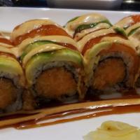 Spicy Girl Roll · In: spicy salmon, crunch; out: salmon, avocado, spicy mayo & Eel sauce.
