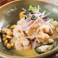 Ceviche Mixto · shrimp, fish, octopus, and mussels, in a marinated rocoto lime sauce.