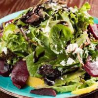 Beet Salad · beets, orange segments, goat cheese, greens, and balsamic vinaigrette.