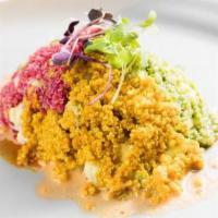 Quinoa Salad · Vegan. Organic quinoa, cucumbers, tomato, avocado, edamame, Peruvian corn, crispy seaweed, a...