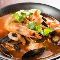 Parihuela · clams, shrimp, squid, mussels and fish in a tomato-ginger broth.