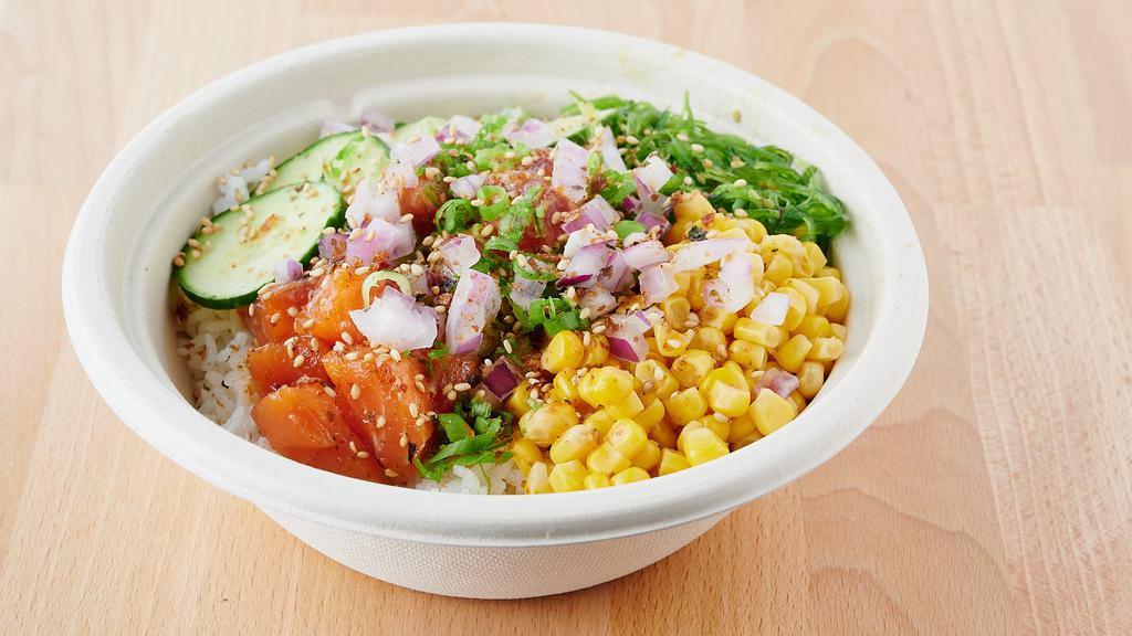 Nagomi (Salmon And Spicy Tuna) Signature Bowl · Salmon Poké and Spicy Tuna Poké, served with seaweed salad, sweet corn, cucumber, onions, scallions, and furikake