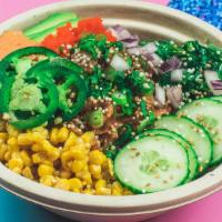 Spicy Ahi (X2 Spicy Tuna) Signature Bowl · Most popular. Spicy. Spicy tuna, jalapeño, seaweed salad, onion, cucumber, corn, scallions, ...