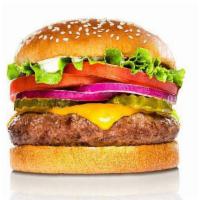 House · Eight ounce pat LaFrieda burger, bibb lettuce, beefsteak tomato, red onion, side of pickles,...