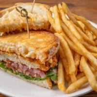 Buttermilk Fried Chicken Sandwich · Pickled onion, romaine, tomato, spicy mayo on ciabatta, salad, or fries.