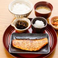 Salmon Saikyo Yaki · Grilled Scottish salmon marinated in special saikyo miso. Served with white rice, miso soup ...