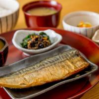Saba · Grilled salted mackerel served with Japanese grated radish. Served with white rice, soup, an...