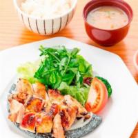 Tori Shio Koji · Grilled chicken marinated in a special salt based koji. Served with white rice, miso soup (p...