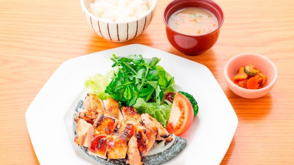 Tori Shio Koji · Grilled chicken marinated in a special salt based koji. Served with white rice, miso soup (pork and vegetables), and homemade pickles.
