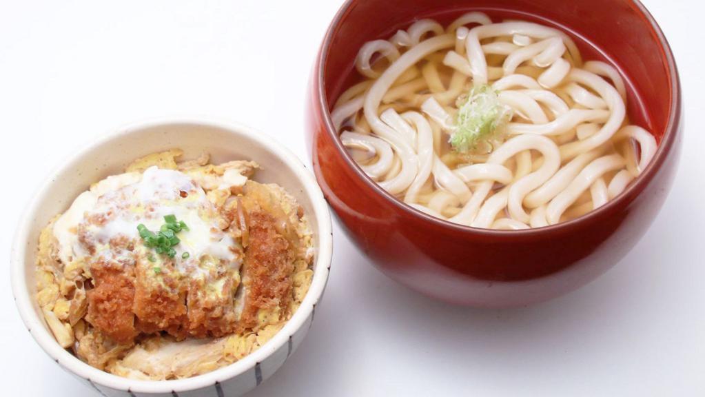 Mini Katsu Don & Hot Udon Noodles Set · Breaded and deep-fried silky pork loin cutlet and onion simmered in Dashi broth wrapped with a layer of half-cooked custard egg over rice. Comes with Hot Udon noodles.