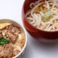 Mini Oyako Don & Hot Udon Noodles Set · Grilled chicken and onion simmered in Dashi broth wrapped with a layer of half-cooked custar...