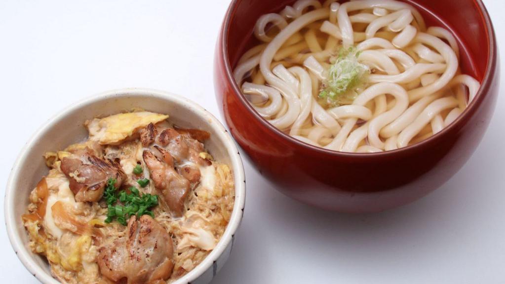 Mini Oyako Don & Hot Udon Noodles Set · Grilled chicken and onion simmered in Dashi broth wrapped with a layer of half-cooked custard egg over rice. Comes with hot udon noodles.