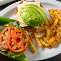 Veggie Burger And French Fries · Pepper jack cheese, avocado, lettuce, tomato, and chipotle mayo