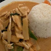 Red Curry · Red curry and coconut milk with bell peppers, bamboo shoots and basil.