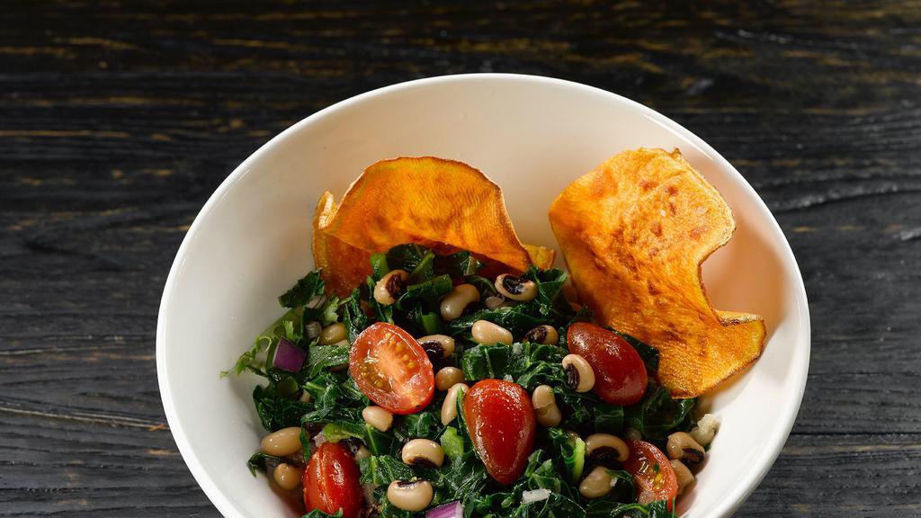 Carolina Chopped Collard Green Salad · Gluten-free. with black-eyed peas, grape tomatoes, and red onions served with crunchy sweet potato chips and a spicy sesame dressing.