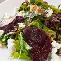 Beet Salad · Baby spinach, goat cheese, balsamic vinaigrette, roasted beets