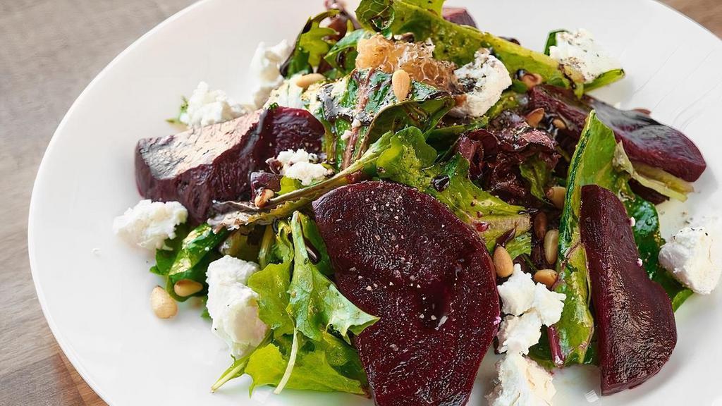 Beet Salad · Baby spinach, goat cheese, balsamic vinaigrette, roasted beets
