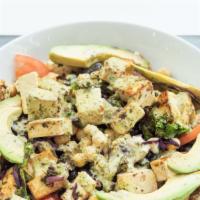 Vegano Quinoa Bowl · Herbed-tofu over organic quinoa, black beans, chickpeas, ripe tomato and avocado with Green ...