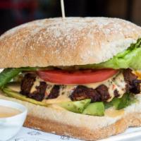 M&M Meatless Burger · Mighty Meatless Patty, lettuce, ripe tomato, scallions and fresh avocado with chipotle sauce...