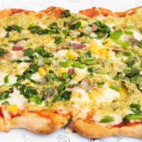 Vegetable Lovers Pizza · Fresh marinara, mozzarella, peppers, onions, corn, baby spinach and cilantro pesto. Made wit...
