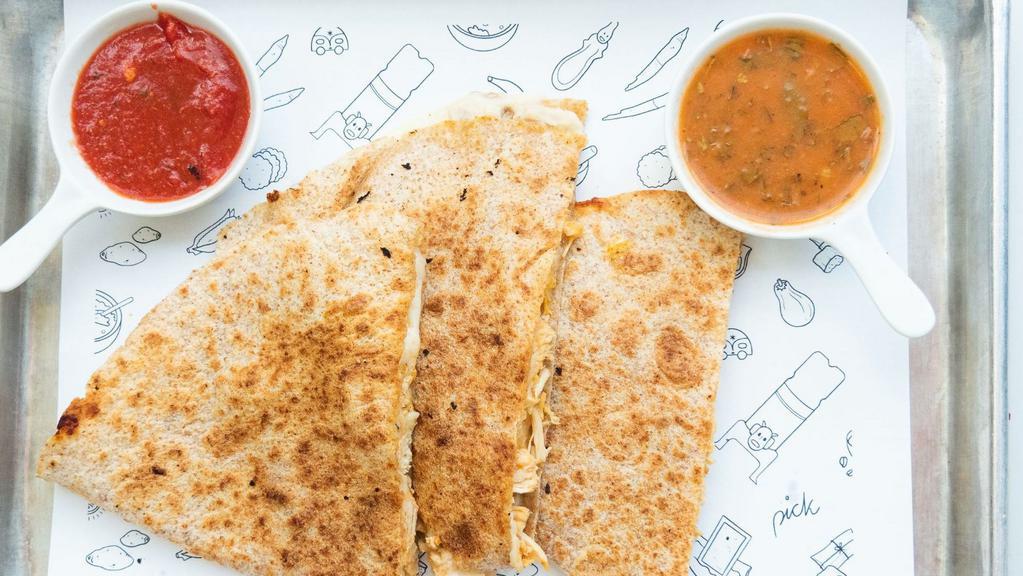 Make Your Own Quesadilla · With whole wheat tortilla filled with melted mozzarella cheese and mojito de gallo and marinara sauce. Choice of protein, 3 toppings and 1 dressing or sauce.