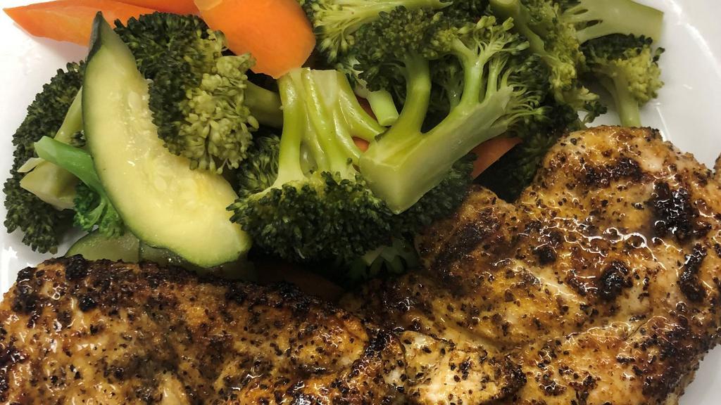 Grilled Chicken Platter · Grilled chicken breast with seasoned rice and sautéed fresh vegetable also available: teriyaki, BBQ or blackened.