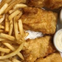 Fish N Chips · Battered codfish with french fries served with tartar sauce.
