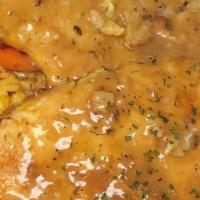 Chicken Francaise · Chicken breast dipped flour and egg crust, lemon butter sauce served with seasoned rice and ...