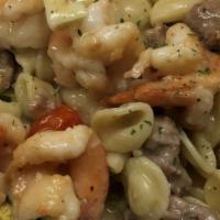 Orecchiette Pasta · Jumbo shrimp, Italian sausage, halved grape tomatoes, broccoli florets tossed with ear shape...