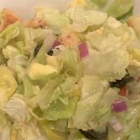 Franklin House Salad · Chopped iceberg lettuce, halved grape tomatoes, sliced black olives, diced onions, croutons,...