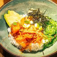 Wasabi Shoyu Salmon · Fresh sashimi on your choice of rice or a kale and arugula salad. Scallion, onion, cabbage, ...