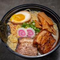 Wikiwiki Shio Ramen · Made with chicken and beef broth. Topped with braised pork belly, scallions, fishcake, bambo...
