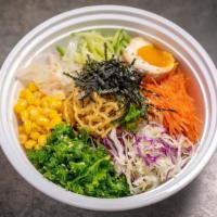Hiyashi Ramen Plant-Based · Chilled noodle. Spicy or mild. Comes with scallion, onion, cabbage, kale, cucumber, carrot, ...