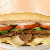 Steak Sandwich (Bistec) · Steak sandwich with American Cheese, lettuce, onions, tomato, mayo, ketchup / roll bread.