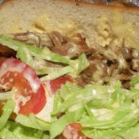 Pernil Sandwich (Pork) · Pernil sandwich with American Cheese, lettuce, tomato,onion, mayo, ketchup / roll bread.