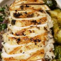 Farm Raised Grilled Chicken · With Roasted Brussel sprouts and Quinoa.