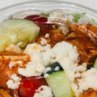 Grilled Buffalo Chicken Salad · Romaine lettuce, tomato, onion, croutons, crumbled Bleu cheese, cucumbers and grilled chicke...