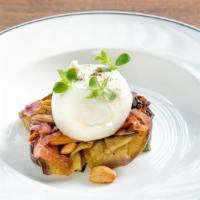 Burrata · Imported Italian burrata, grilled seasonal vegetables, sweet & sour red onions, toasted almo...