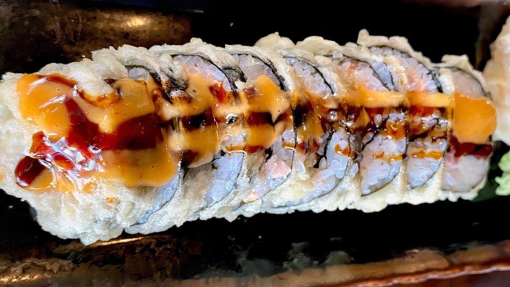 Omg Roll · Tuna, salmon, yellowtail deep-fried sushi roll, eel spicy sauce