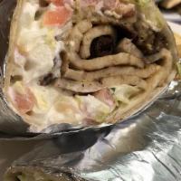 Gus Wrap · Served with french fries, chicken gyro, fried eggplant, lettuce, tomato, tzatziki sauce.