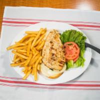 Grilled Chicken Classic · Grilled chicken mozzarella cheese on a bun, lettuce, tomato, served with french fries, and h...