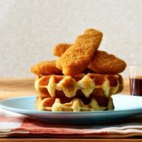 Chicken Tenders & Waffles · Fresh hand-breaded, golden-fried chicken tenders and fresh waffles, served with a side of bu...