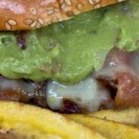 California Burger · Guacamole, Swiss, bacon, and plantain chips. 1/2 lb Angus ground beef.