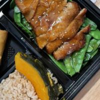 Smoked Teriyaki Seitan · Spicy. Sliced fillets of smoked wheat protein in teriyaki sauce over a bed of sugar-snap pea...